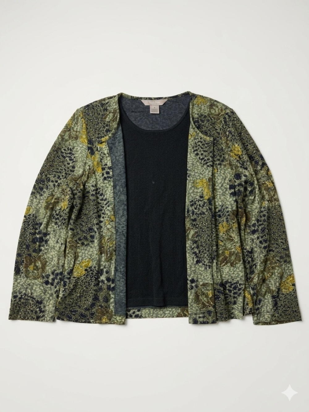 TanJay Petites 2-Piece Set Green Animal Floral Open Front Cardigan & Tank PM